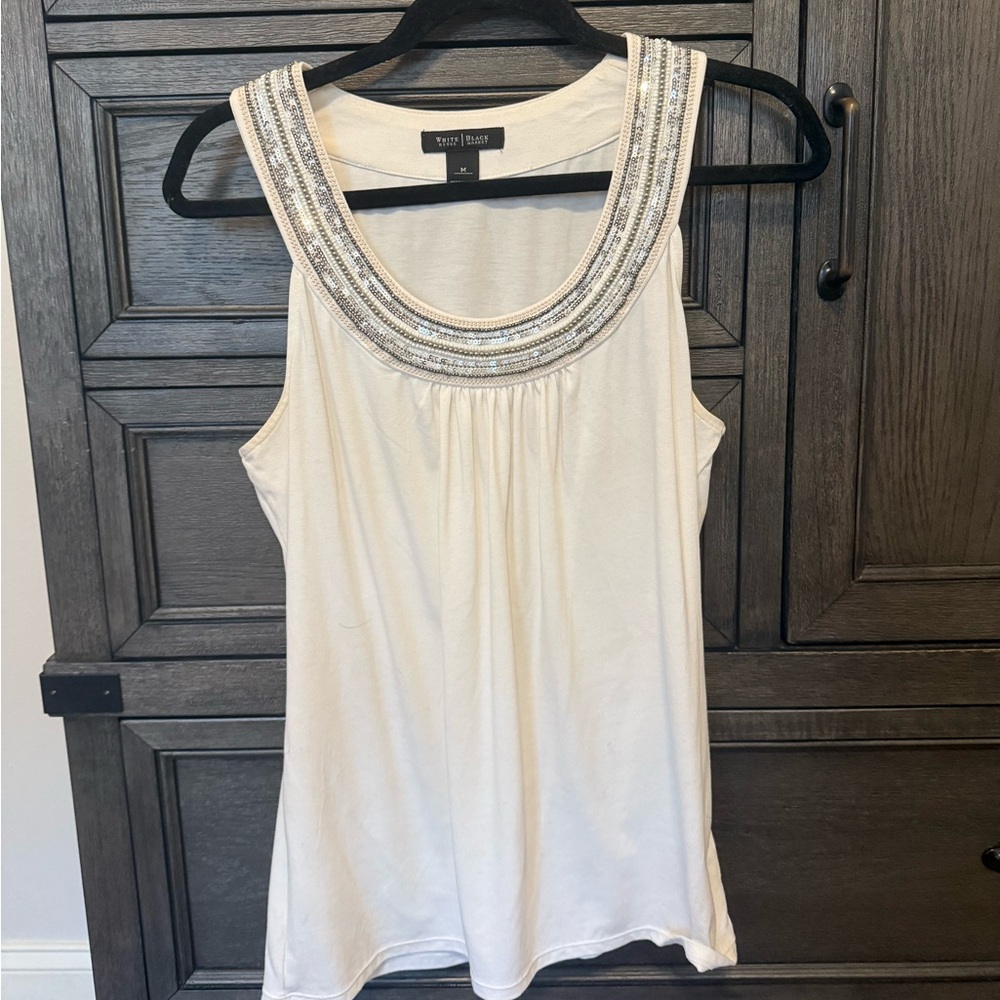 White House Black Market Cream Embellished Scoop Neck Tank